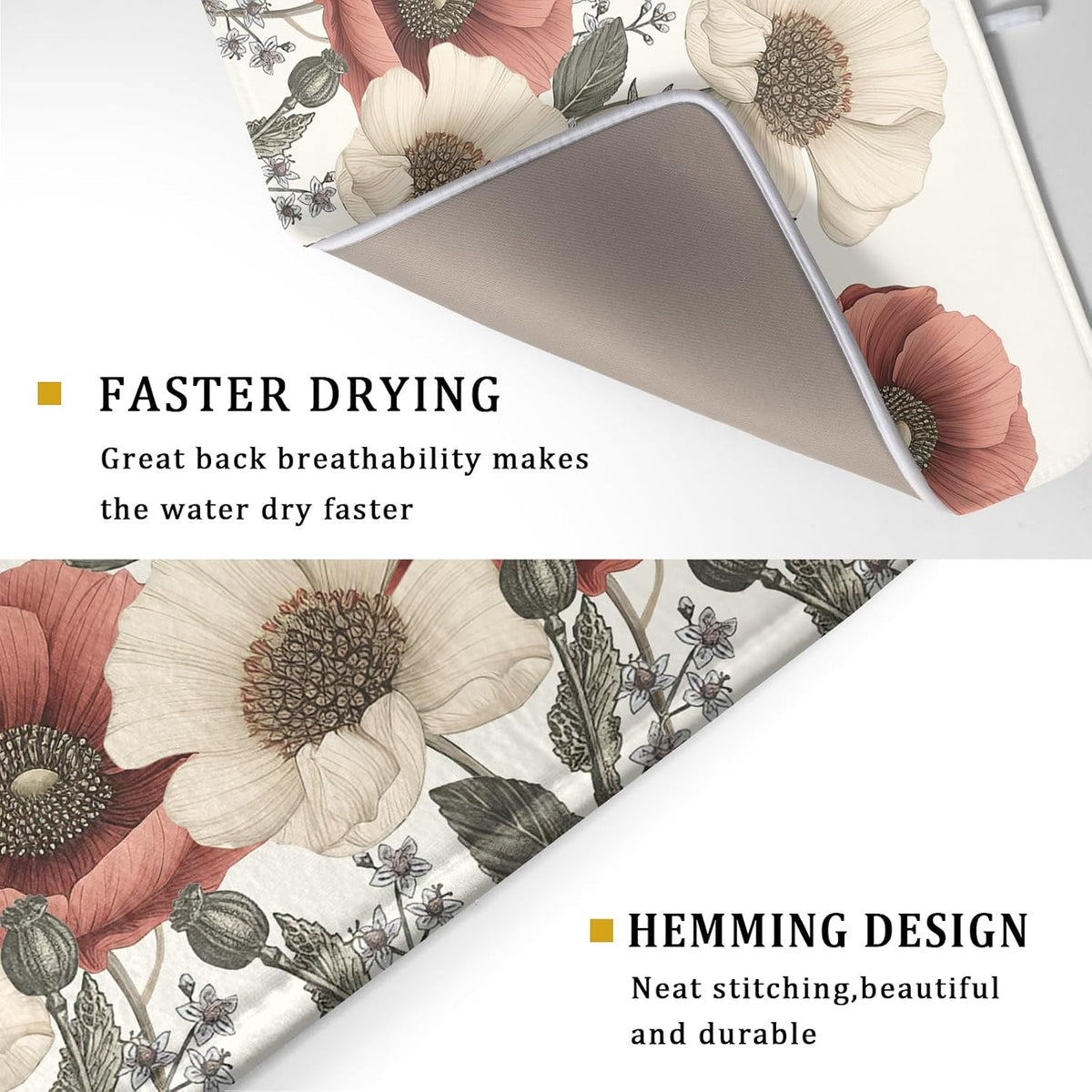 Floral Dish Drying Mat for Kitchen Counter 24x18 Inch Beige Pink Big Flower Drying Mat with Absorbent Reversible Microfiber Season Spring Dish Drainer Mats Rack Pad for Coffee Countertop Protector