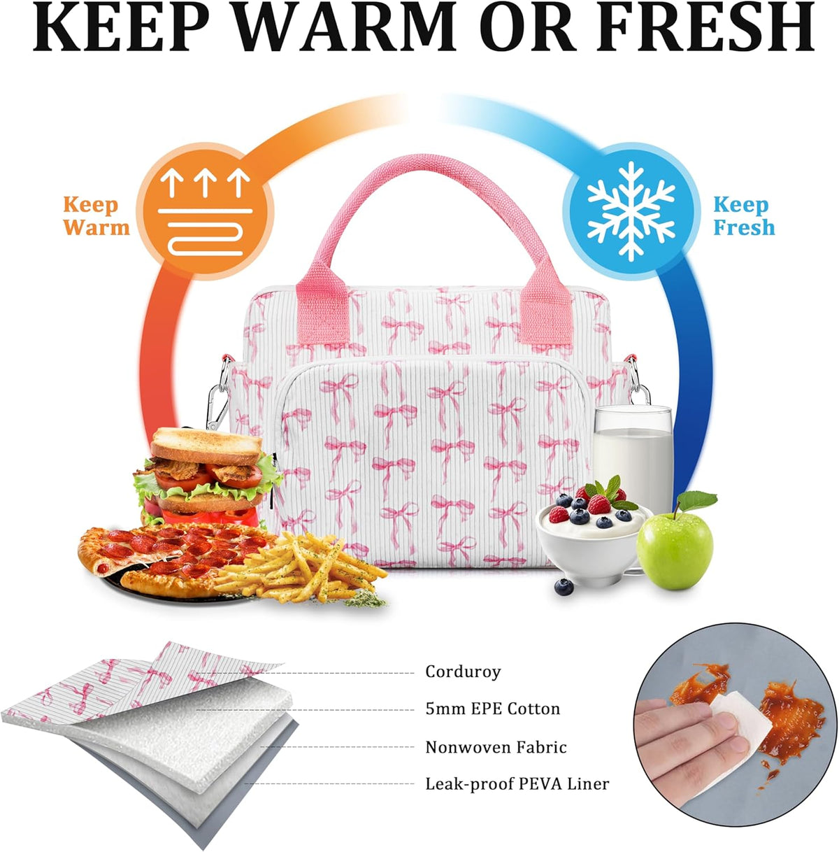 Lunch Box for Women Insulated Lunch Bag Cute Corduroy Lunch Tote Bags Lightweight Reusable Leakproof Cooler Bag with Adjustable Shoulder Strap for Work Office Travel Picnic (Pink Bow)