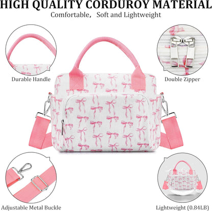 Lunch Box for Women Insulated Lunch Bag Cute Corduroy Lunch Tote Bags Lightweight Reusable Leakproof Cooler Bag with Adjustable Shoulder Strap for Work Office Travel Picnic (Pink Bow)