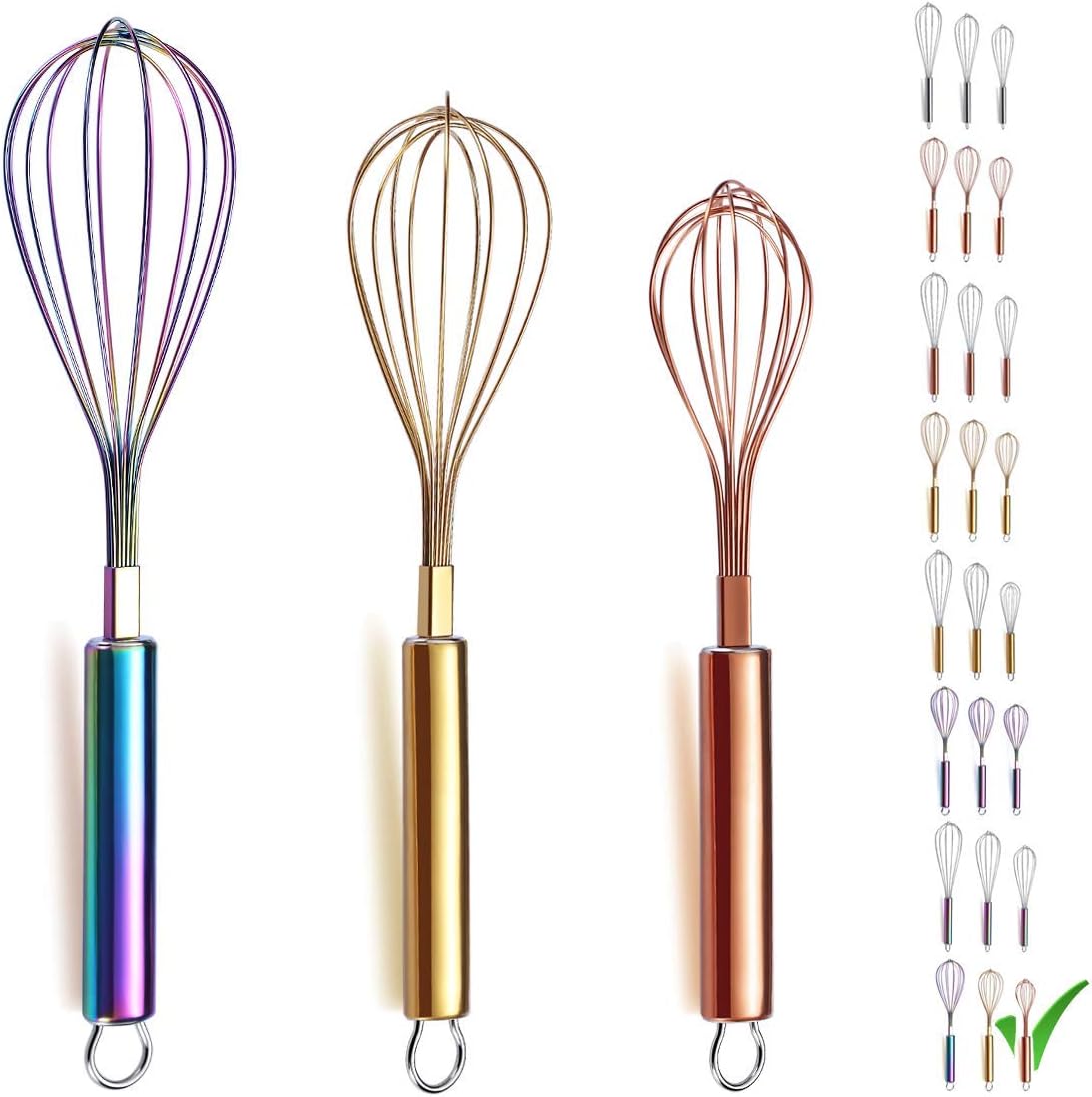 Colorful Whisks Set - Stainless Steel 8" Gold, 10" Rose Gold, 12" Rainbow Wire Whisks for Cooking