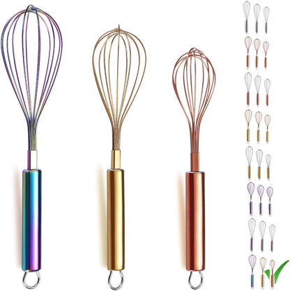 Colorful Whisks Set - Stainless Steel 8" Gold, 10" Rose Gold, 12" Rainbow Wire Whisks for Cooking