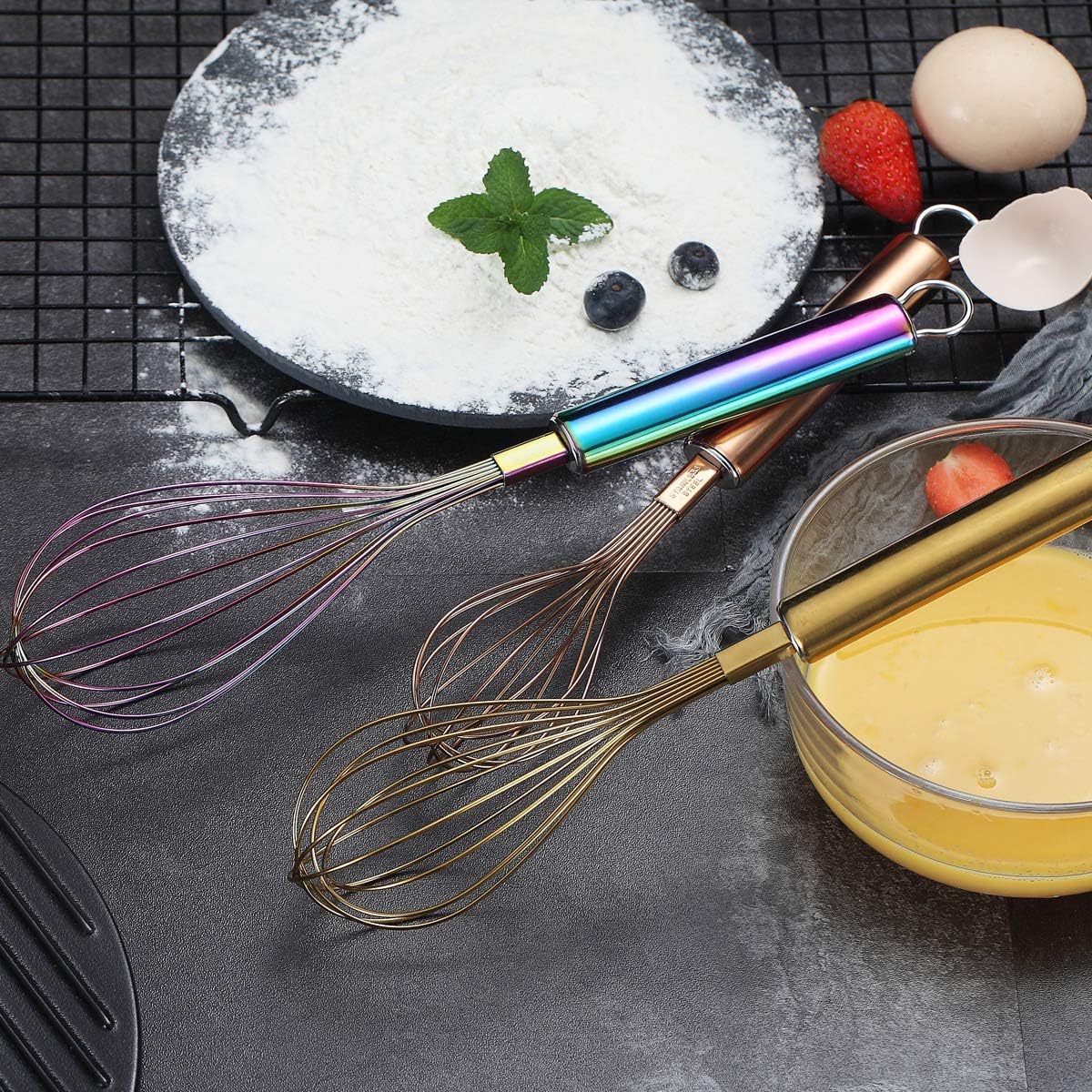 Colorful Whisks Set - Stainless Steel 8" Gold, 10" Rose Gold, 12" Rainbow Wire Whisks for Cooking