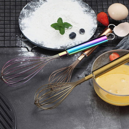 Colorful Whisks Set - Stainless Steel 8" Gold, 10" Rose Gold, 12" Rainbow Wire Whisks for Cooking