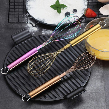 Colorful Whisks Set - Stainless Steel 8" Gold, 10" Rose Gold, 12" Rainbow Wire Whisks for Cooking