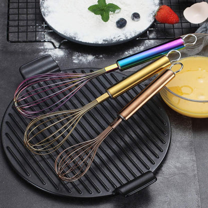 Colorful Whisks Set - Stainless Steel 8" Gold, 10" Rose Gold, 12" Rainbow Wire Whisks for Cooking