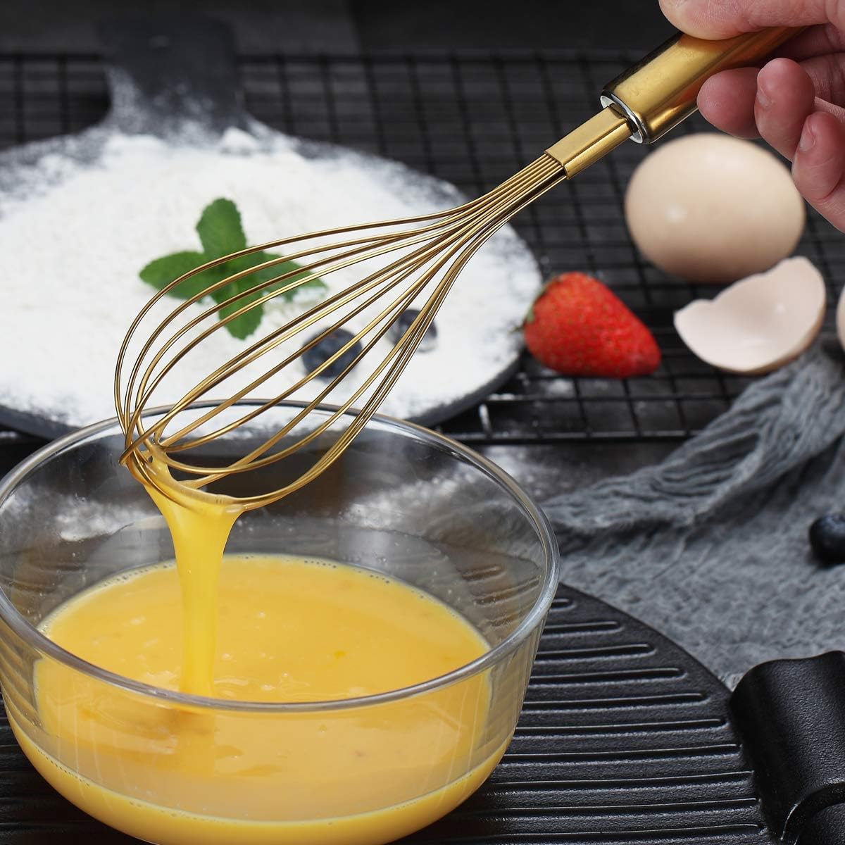 Colorful Whisks Set - Stainless Steel 8" Gold, 10" Rose Gold, 12" Rainbow Wire Whisks for Cooking