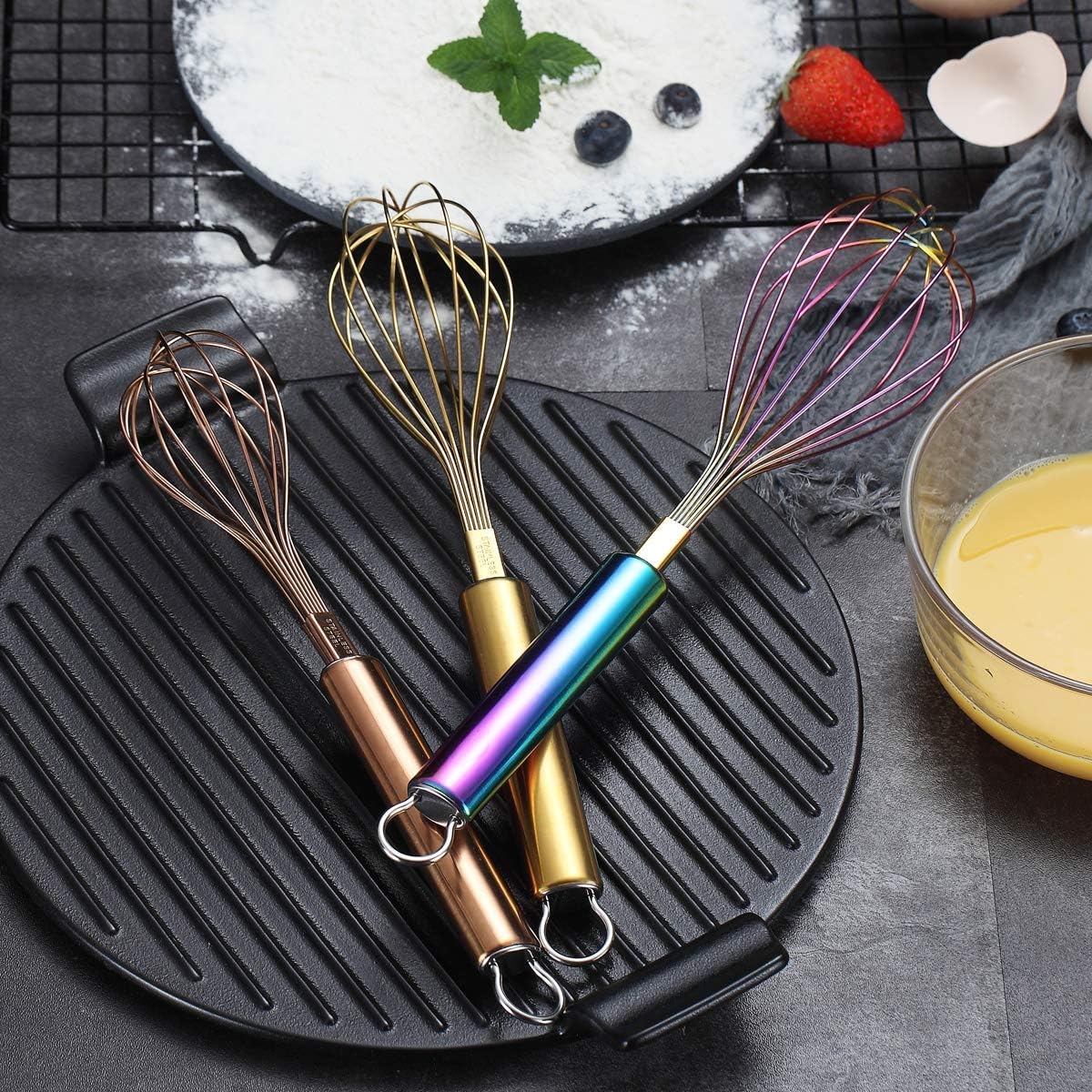 Colorful Whisks Set - Stainless Steel 8" Gold, 10" Rose Gold, 12" Rainbow Wire Whisks for Cooking