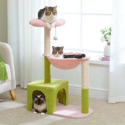 Flower Cat Tree, 36.6" Pink Cat Tower with Sisal Scratching Posts for Indoor Cats, Large Hammock, Condo and Pink Top Perch for Kittens, Fluffy Ball, Blue