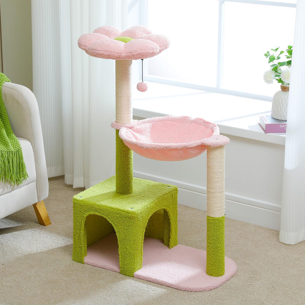 Flower Cat Tree, 36.6" Pink Cat Tower with Sisal Scratching Posts for Indoor Cats, Large Hammock, Condo and Pink Top Perch for Kittens, Fluffy Ball, Blue