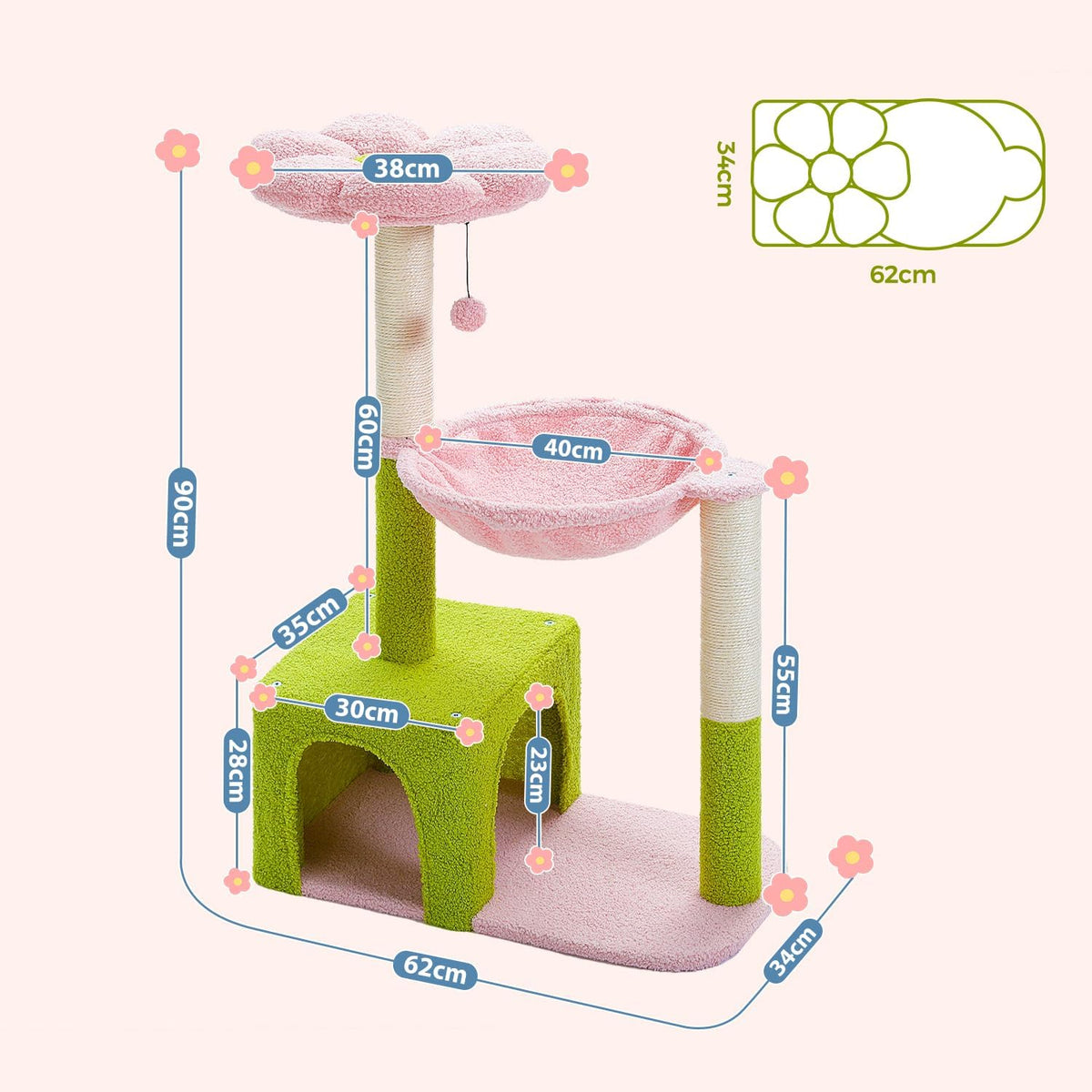Flower Cat Tree, 36.6" Pink Cat Tower with Sisal Scratching Posts for Indoor Cats, Large Hammock, Condo and Pink Top Perch for Kittens, Fluffy Ball, Blue