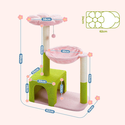 Flower Cat Tree, 36.6" Pink Cat Tower with Sisal Scratching Posts for Indoor Cats, Large Hammock, Condo and Pink Top Perch for Kittens, Fluffy Ball, Blue