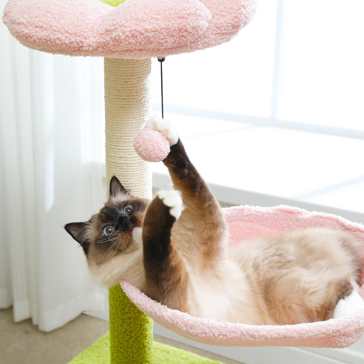 Flower Cat Tree, 36.6" Pink Cat Tower with Sisal Scratching Posts for Indoor Cats, Large Hammock, Condo and Pink Top Perch for Kittens, Fluffy Ball, Blue