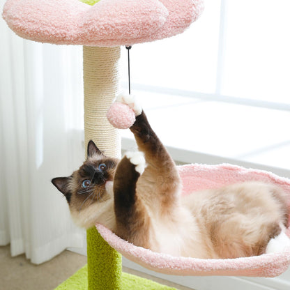 Flower Cat Tree, 36.6" Pink Cat Tower with Sisal Scratching Posts for Indoor Cats, Large Hammock, Condo and Pink Top Perch for Kittens, Fluffy Ball, Blue