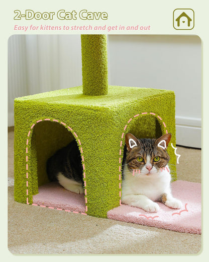 Flower Cat Tree, 36.6" Pink Cat Tower with Sisal Scratching Posts for Indoor Cats, Large Hammock, Condo and Pink Top Perch for Kittens, Fluffy Ball, Blue