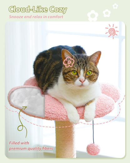 Flower Cat Tree, 36.6" Pink Cat Tower with Sisal Scratching Posts for Indoor Cats, Large Hammock, Condo and Pink Top Perch for Kittens, Fluffy Ball, Blue