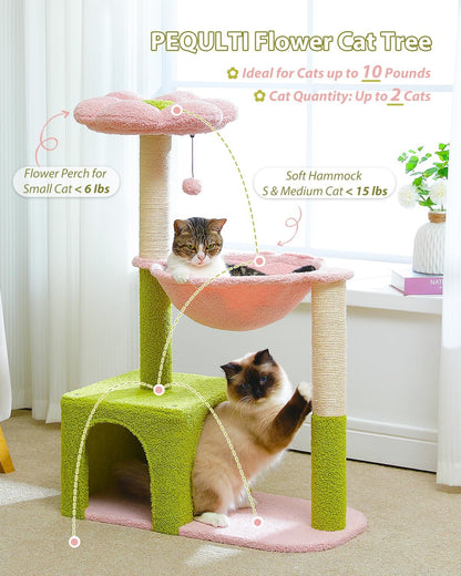 Flower Cat Tree, 36.6" Pink Cat Tower with Sisal Scratching Posts for Indoor Cats, Large Hammock, Condo and Pink Top Perch for Kittens, Fluffy Ball, Blue