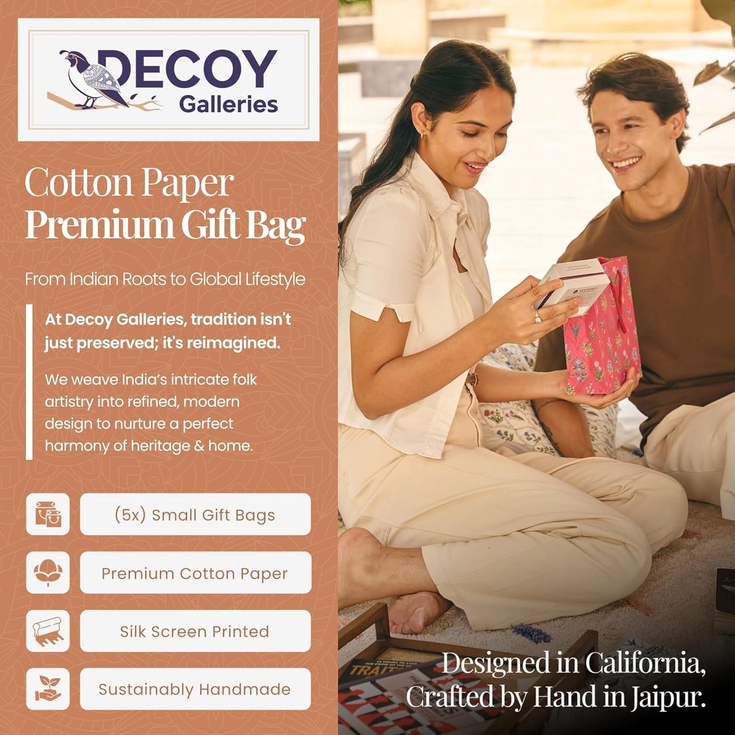 Decoy Galleries Eco-Friendly Handmade Paper Gift Bags – 100% Cotton & Reusable | Elegant, Premium Quality for Weddings, Birthdays & Parties (Peach, Small | Pack of 5)