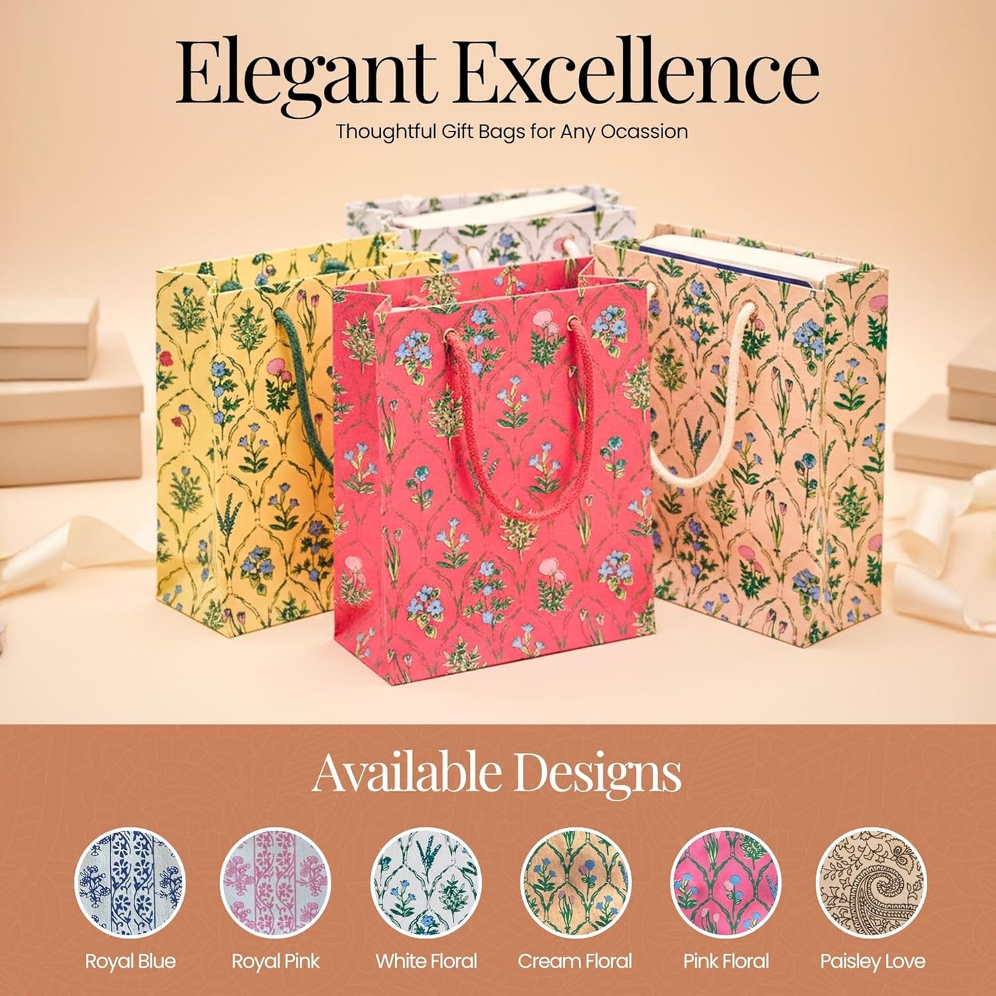 Decoy Galleries Eco-Friendly Handmade Paper Gift Bags – 100% Cotton & Reusable | Elegant, Premium Quality for Weddings, Birthdays & Parties (Peach, Small | Pack of 5)