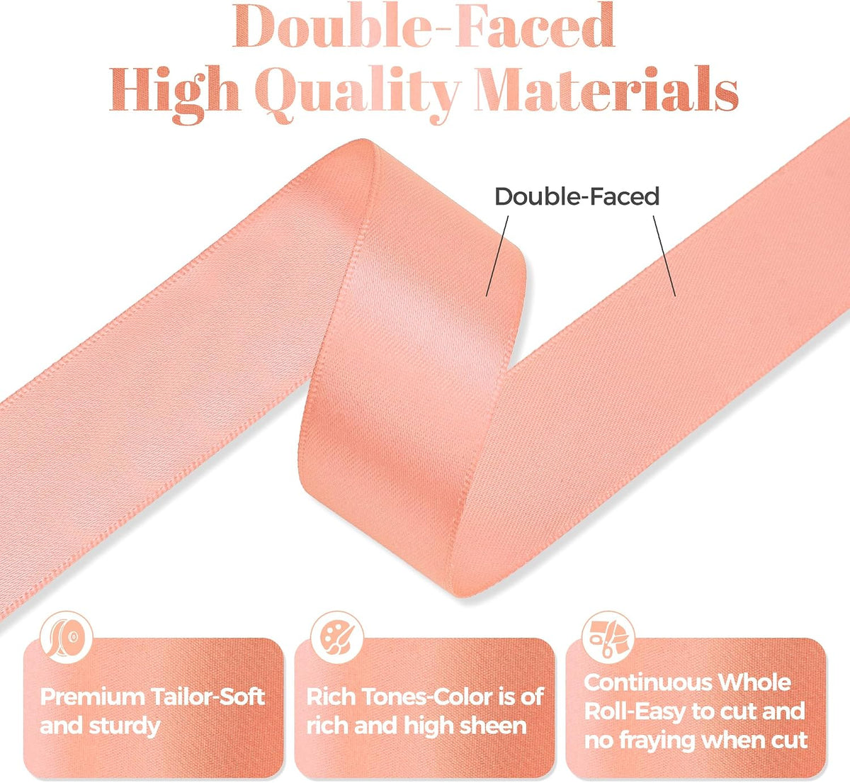 Peach Satin Ribbon, Double Faced 1 Inch X 50 Yards Peach Ribbon, Premium Satin Ribbons for Gift Wrapping, Crafts, Hair Bow Making, Sewing, Flower Bouquet, Wedding Party Decor