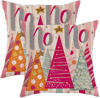 Christmas Trees Throw Pillow Covers, Festive Playful Stars Polka Dots Xmas Peach Soft Velvet Washable Cover Decorative Pillows for Living Room Bed Office Sofa Chair Decor 18x18 Inch
