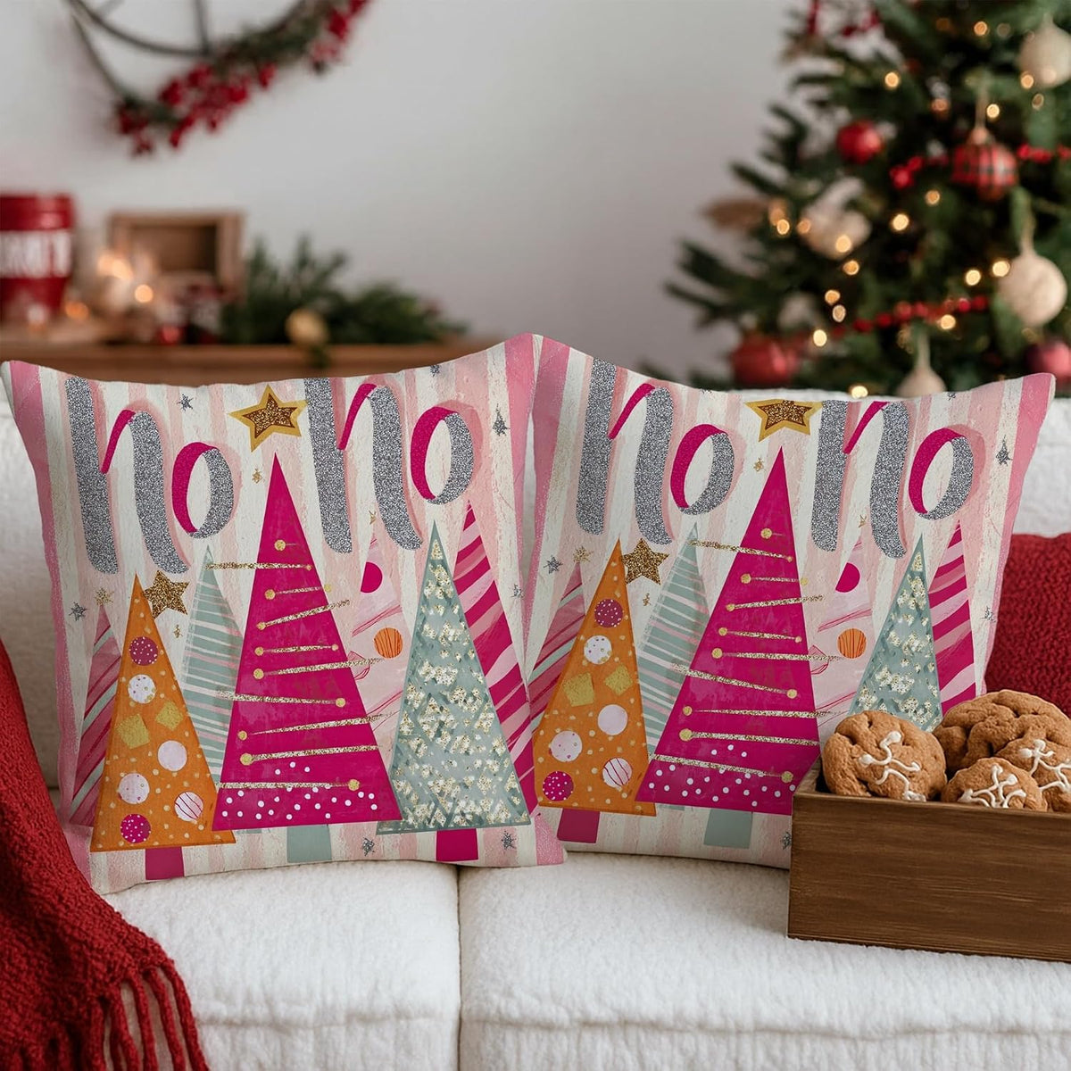 Christmas Trees Throw Pillow Covers, Festive Playful Stars Polka Dots Xmas Peach Soft Velvet Washable Cover Decorative Pillows for Living Room Bed Office Sofa Chair Decor 18x18 Inch