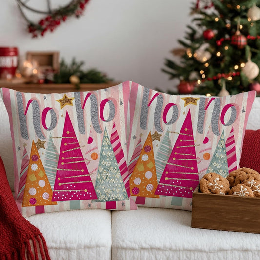 Christmas Trees Throw Pillow Covers, Festive Playful Stars Polka Dots Xmas Peach Soft Velvet Washable Cover Decorative Pillows for Living Room Bed Office Sofa Chair Decor 18x18 Inch