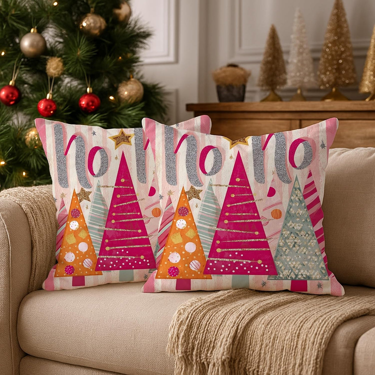 Christmas Trees Throw Pillow Covers, Festive Playful Stars Polka Dots Xmas Peach Soft Velvet Washable Cover Decorative Pillows for Living Room Bed Office Sofa Chair Decor 18x18 Inch
