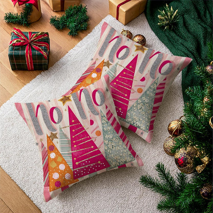 Christmas Trees Throw Pillow Covers, Festive Playful Stars Polka Dots Xmas Peach Soft Velvet Washable Cover Decorative Pillows for Living Room Bed Office Sofa Chair Decor 18x18 Inch