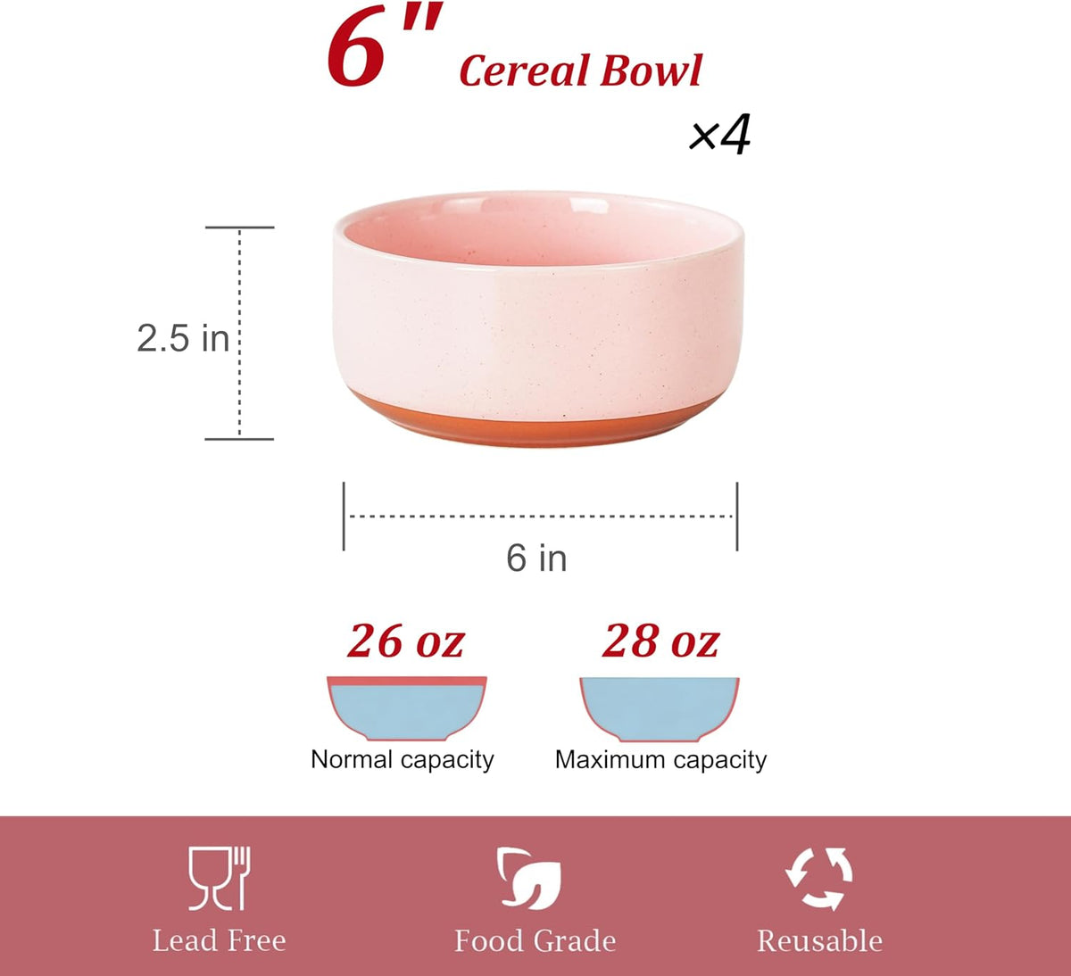 28 OZ Ceramic Cereal Bowls Set, 6 Inch, Set of 4, Elegant Pink