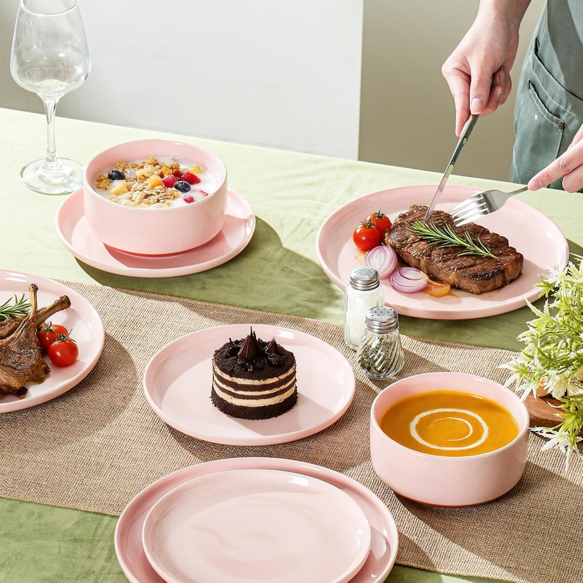 28 OZ Ceramic Cereal Bowls Set, 6 Inch, Set of 4, Elegant Pink