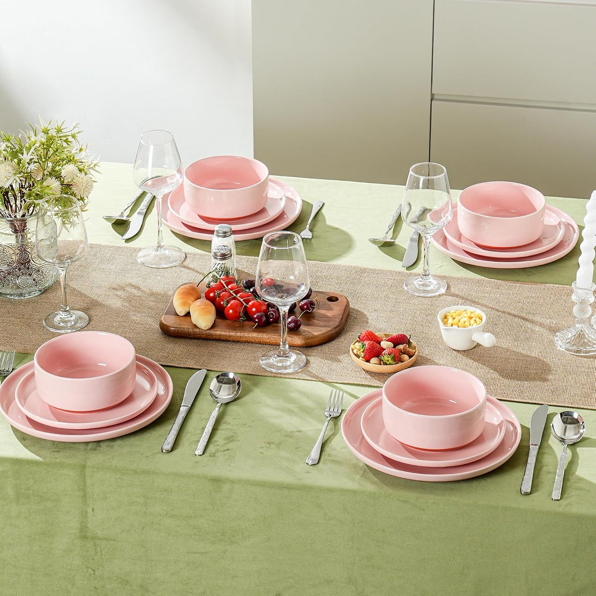 28 OZ Ceramic Cereal Bowls Set, 6 Inch, Set of 4, Elegant Pink