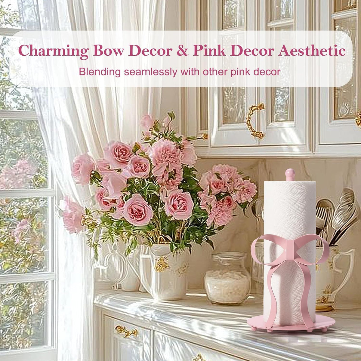 Pink Bow Paper Towel Holder Coutertop - Bow Accent Paper Towel Holder, Pink Kitchen Decor and Accessories, Coquette Room Decor Girly Gifts for Women, 3D Handmade Pattern, Weighted Base