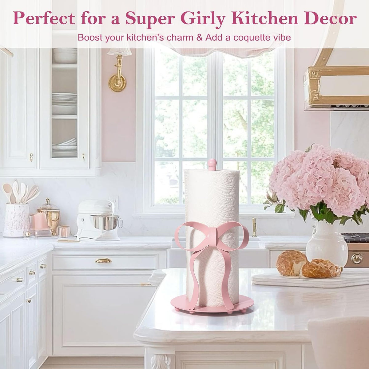 Pink Bow Paper Towel Holder Coutertop - Bow Accent Paper Towel Holder, Pink Kitchen Decor and Accessories, Coquette Room Decor Girly Gifts for Women, 3D Handmade Pattern, Weighted Base