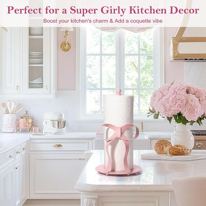 Pink Bow Paper Towel Holder Coutertop - Bow Accent Paper Towel Holder, Pink Kitchen Decor and Accessories, Coquette Room Decor Girly Gifts for Women, 3D Handmade Pattern, Weighted Base