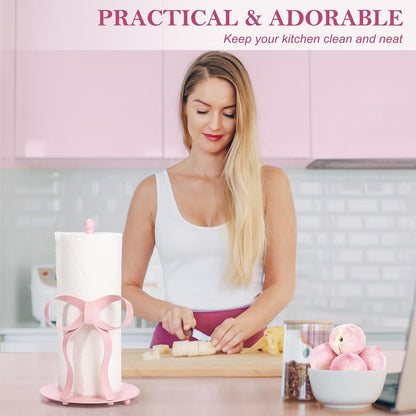 Pink Bow Paper Towel Holder Coutertop - Bow Accent Paper Towel Holder, Pink Kitchen Decor and Accessories, Coquette Room Decor Girly Gifts for Women, 3D Handmade Pattern, Weighted Base