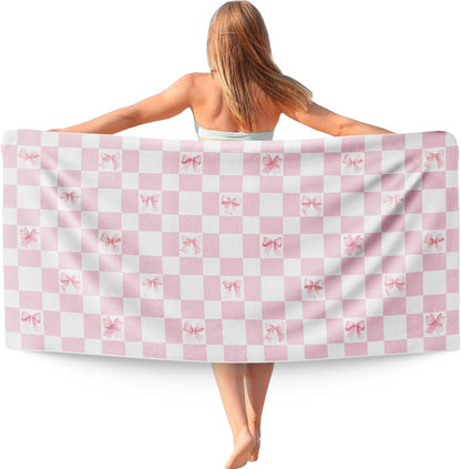 Cute Bow Pink Checkered Beach Towel Gifts for Women Girls 30x60in
