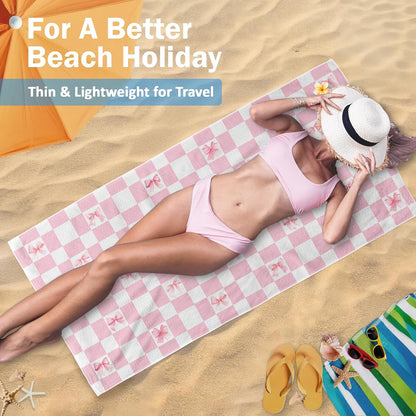 Cute Bow Pink Checkered Beach Towel Gifts for Women Girls 30x60in