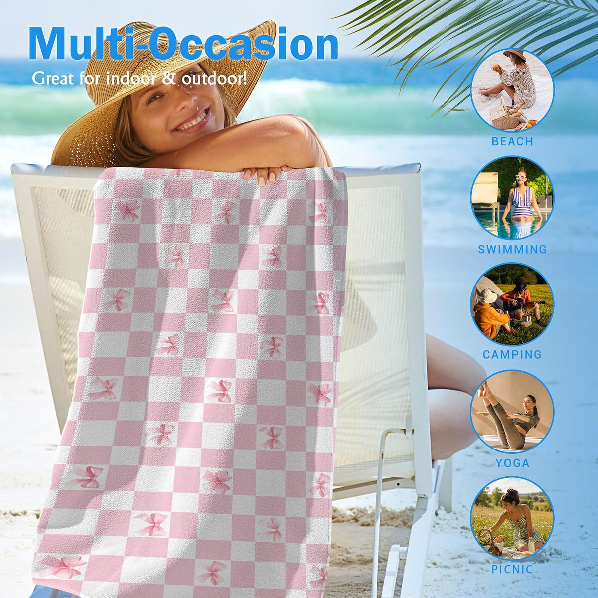 Cute Bow Pink Checkered Beach Towel Gifts for Women Girls 30x60in