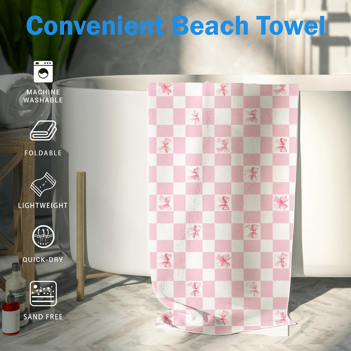 Cute Bow Pink Checkered Beach Towel Gifts for Women Girls 30x60in