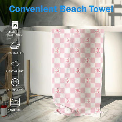 Cute Bow Pink Checkered Beach Towel Gifts for Women Girls 30x60in