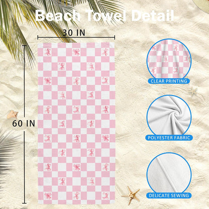 Cute Bow Pink Checkered Beach Towel Gifts for Women Girls 30x60in