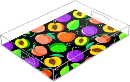 Peach Fruit Drawing Black Serving Tray with Handles Decorative Ottoman Rectangle Acrylic Tray for Kitchen Coffee Table Living Room 16x12 Inches