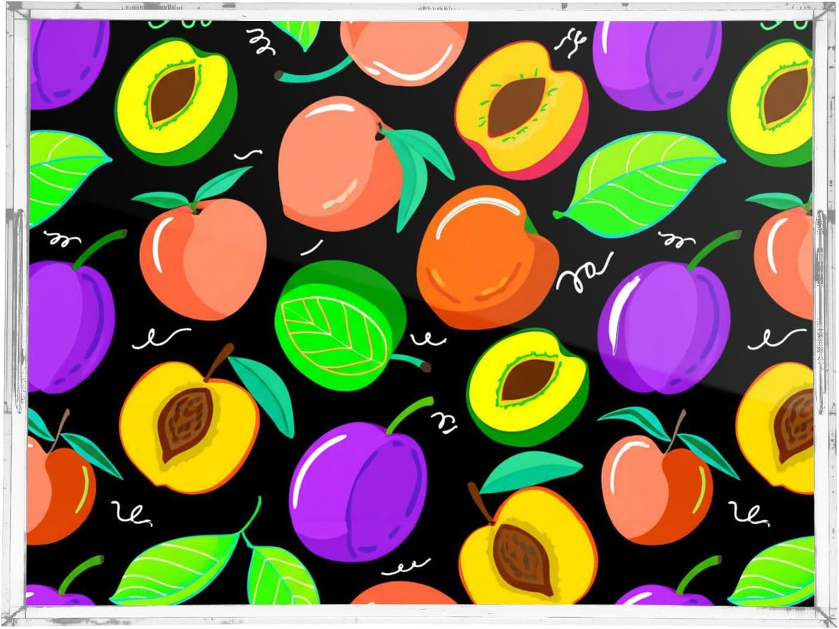Peach Fruit Drawing Black Serving Tray with Handles Decorative Ottoman Rectangle Acrylic Tray for Kitchen Coffee Table Living Room 16x12 Inches