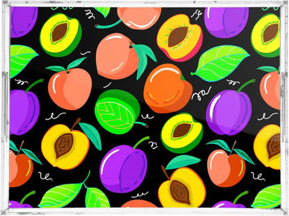Peach Fruit Drawing Black Serving Tray with Handles Decorative Ottoman Rectangle Acrylic Tray for Kitchen Coffee Table Living Room 16x12 Inches