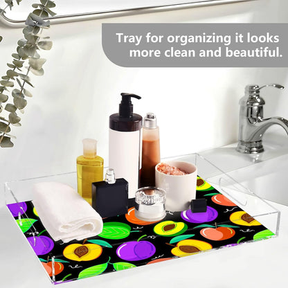 Peach Fruit Drawing Black Serving Tray with Handles Decorative Ottoman Rectangle Acrylic Tray for Kitchen Coffee Table Living Room 16x12 Inches