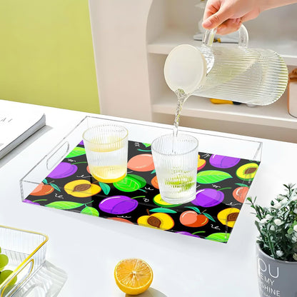 Peach Fruit Drawing Black Serving Tray with Handles Decorative Ottoman Rectangle Acrylic Tray for Kitchen Coffee Table Living Room 16x12 Inches
