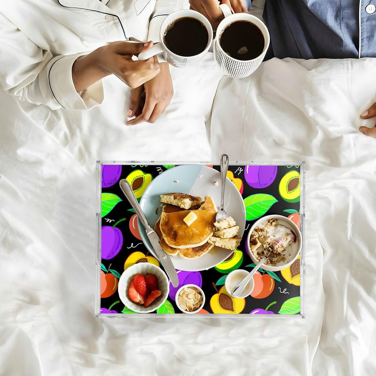 Peach Fruit Drawing Black Serving Tray with Handles Decorative Ottoman Rectangle Acrylic Tray for Kitchen Coffee Table Living Room 16x12 Inches