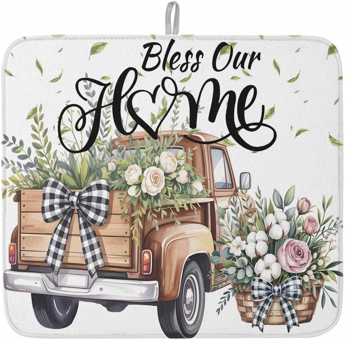 Truck Spring Floral Dish Drying Mat, Pink Green Flowers Watercolor Absorbent Dish Drying Matt Pad for Kitchen Countertops, Sinks, Dish Drainer Racks, Small 16x18in 1PC