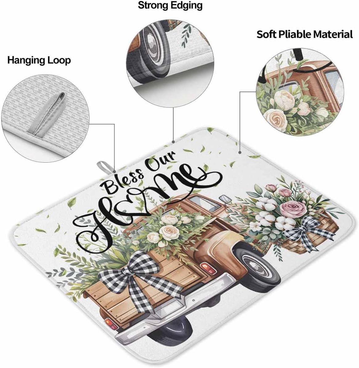 Truck Spring Floral Dish Drying Mat, Pink Green Flowers Watercolor Absorbent Dish Drying Matt Pad for Kitchen Countertops, Sinks, Dish Drainer Racks, Small 16x18in 1PC