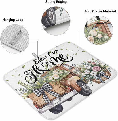 Truck Spring Floral Dish Drying Mat, Pink Green Flowers Watercolor Absorbent Dish Drying Matt Pad for Kitchen Countertops, Sinks, Dish Drainer Racks, Small 16x18in 1PC